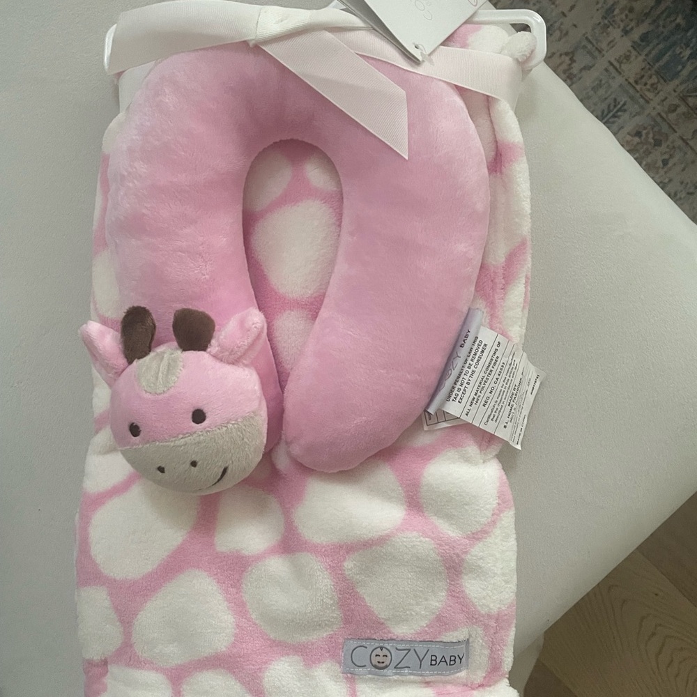 Cozy Baby Pink Giraffe Neck Pillow and Blanket Set